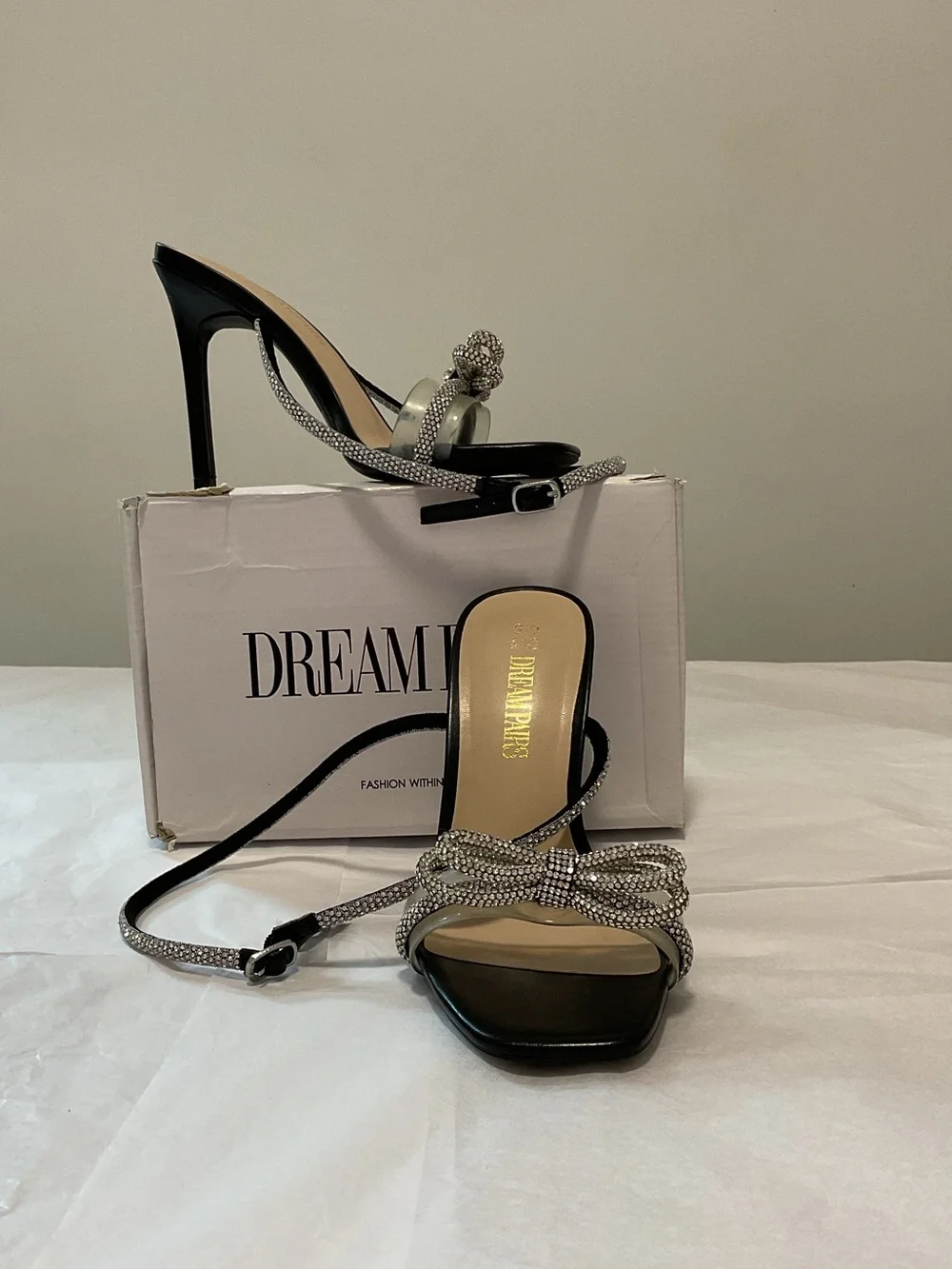 Size 6.5 Dream Pairs Black and Silver Crystal Bow Ankle-Strap Heels